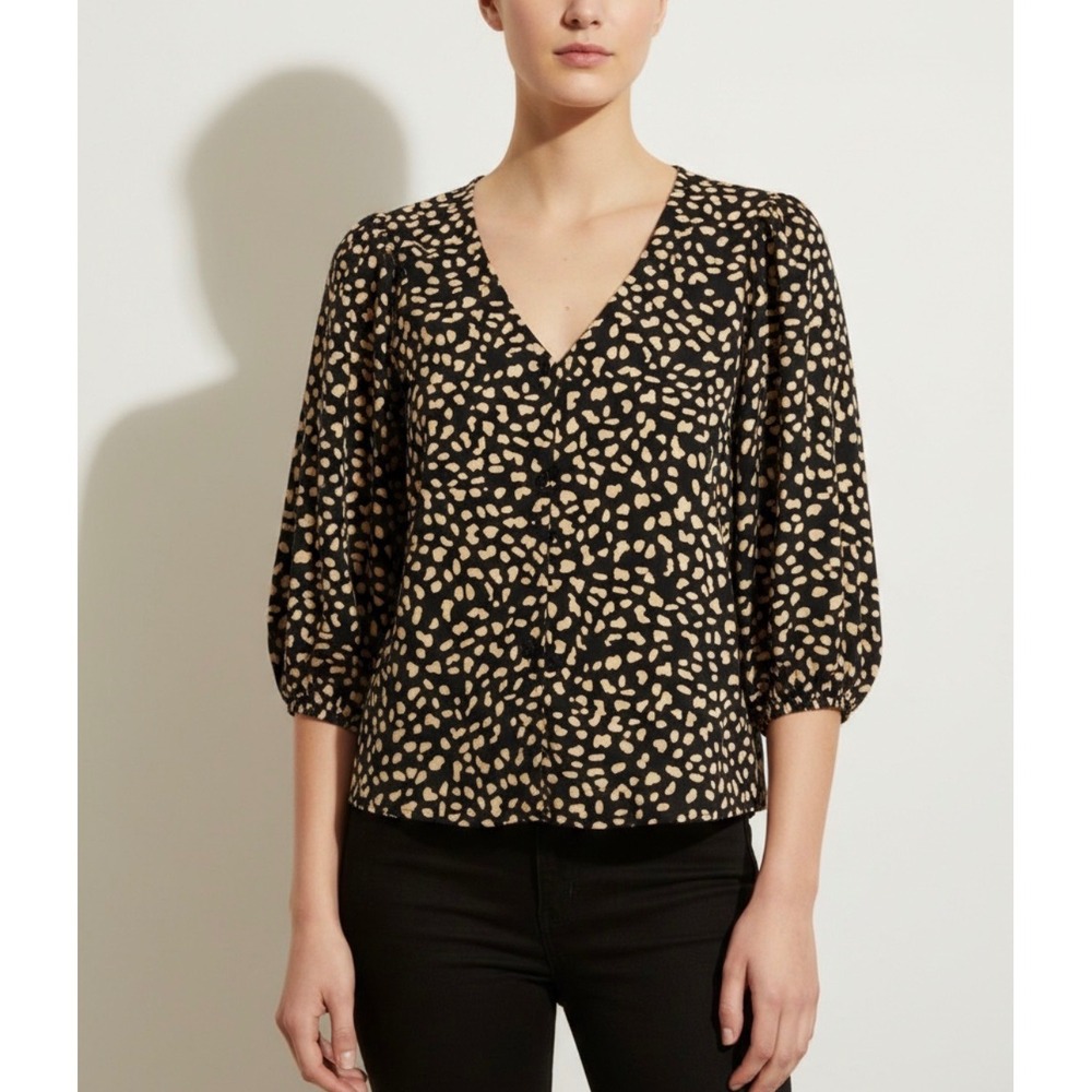 Sanctuary Black Beige Animal Print Puff Sleeve Button Front Blouse Top Women's S